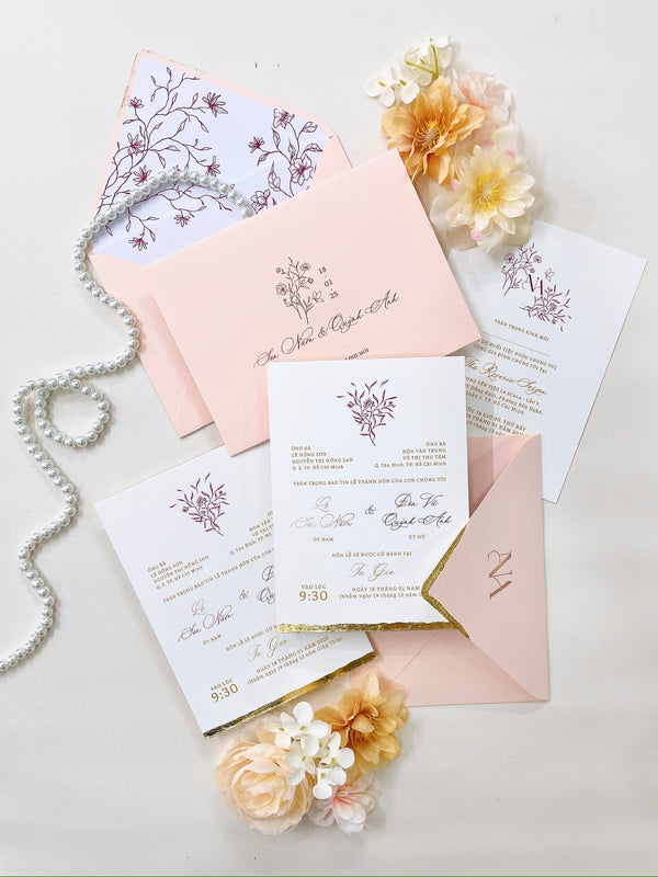 Elegant Pastel Pink Gold Leaf Wedding Invitation P250725