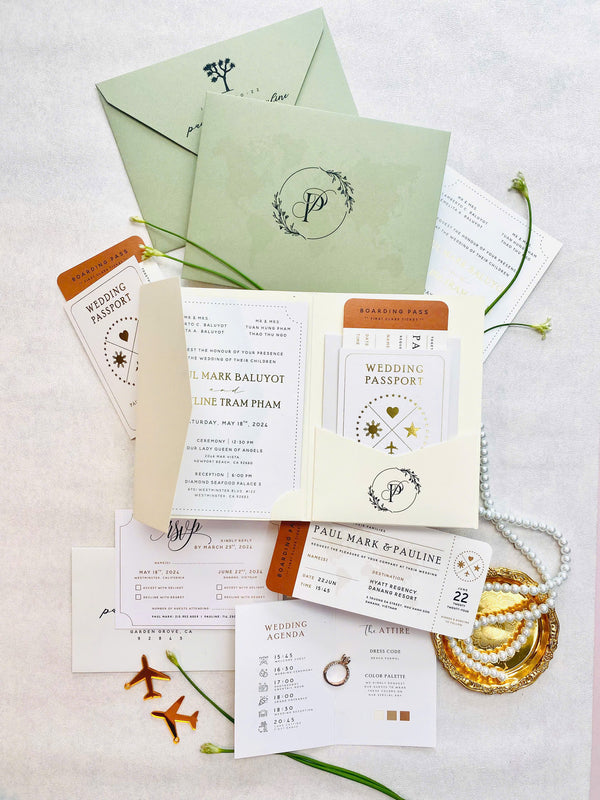 Luxury Sage Green Passport in Folder Wedding Invitation P250801