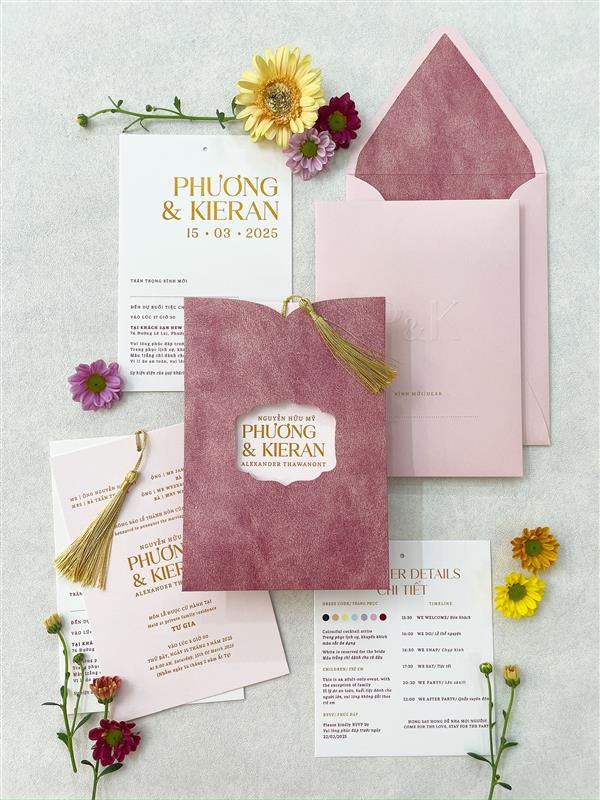 Luxury Letterpress Tassel Pink Pocket Wedding Invitation P250803