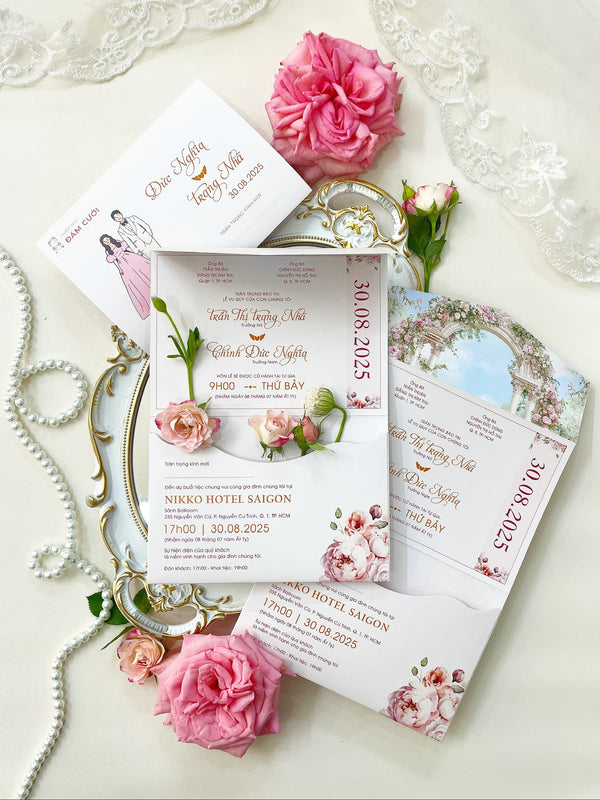 Romantic Floral Pink Tri-fold Pocket Wedding Invitation