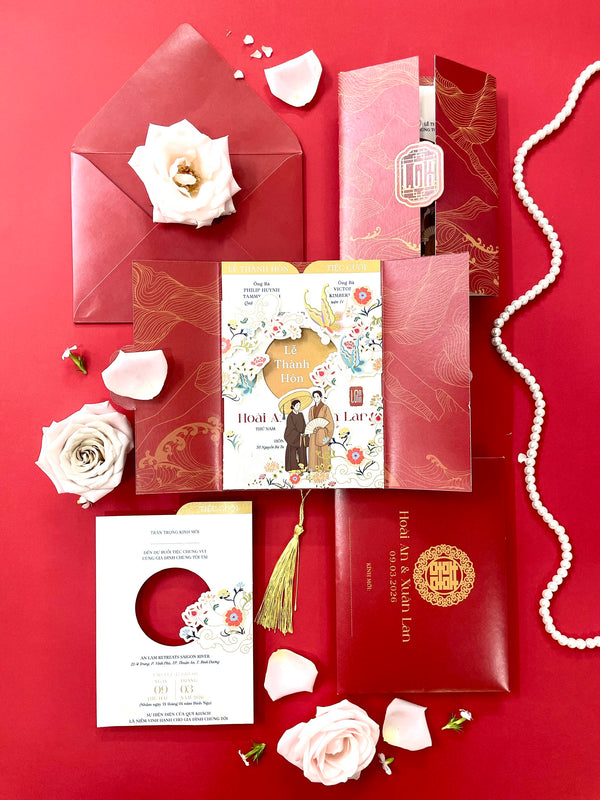 Modern Folk Art 3D Tri Fold Red Wedding Invitation P250906