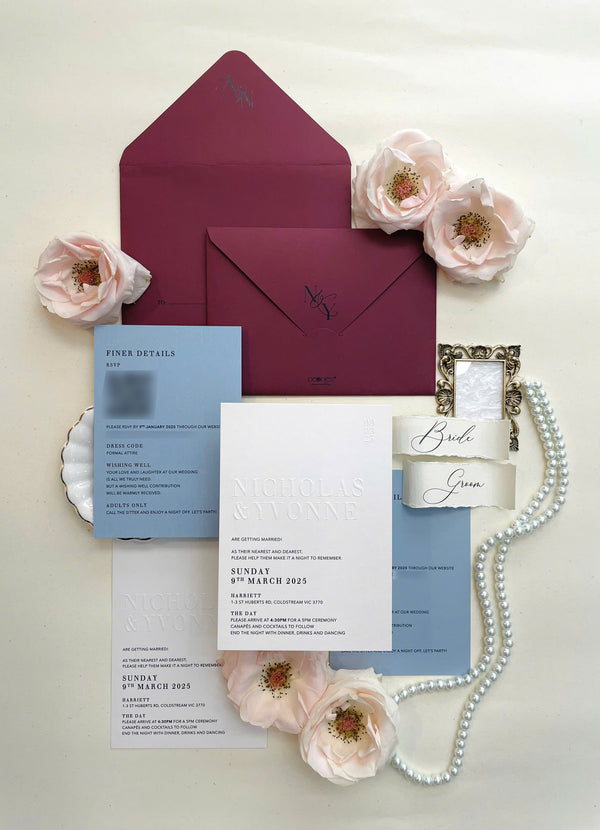 Chic Red & Blue Embossed Wedding Invitation P250908