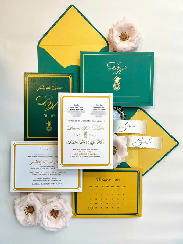 Tropical Pineapple Gold Foil Emerald Wedding Invitation P250907