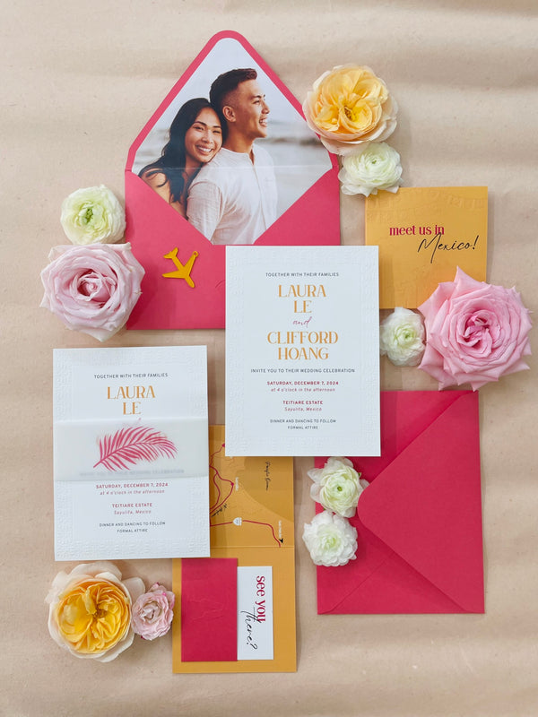 Bright Colorful Debossed Letterpress Wedding Invitation  P251004