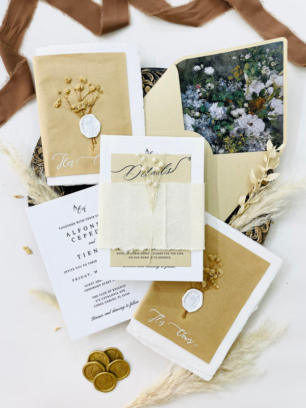 Rustic Beige Wedding Invitation with Poonah Paper Belly Band P251001