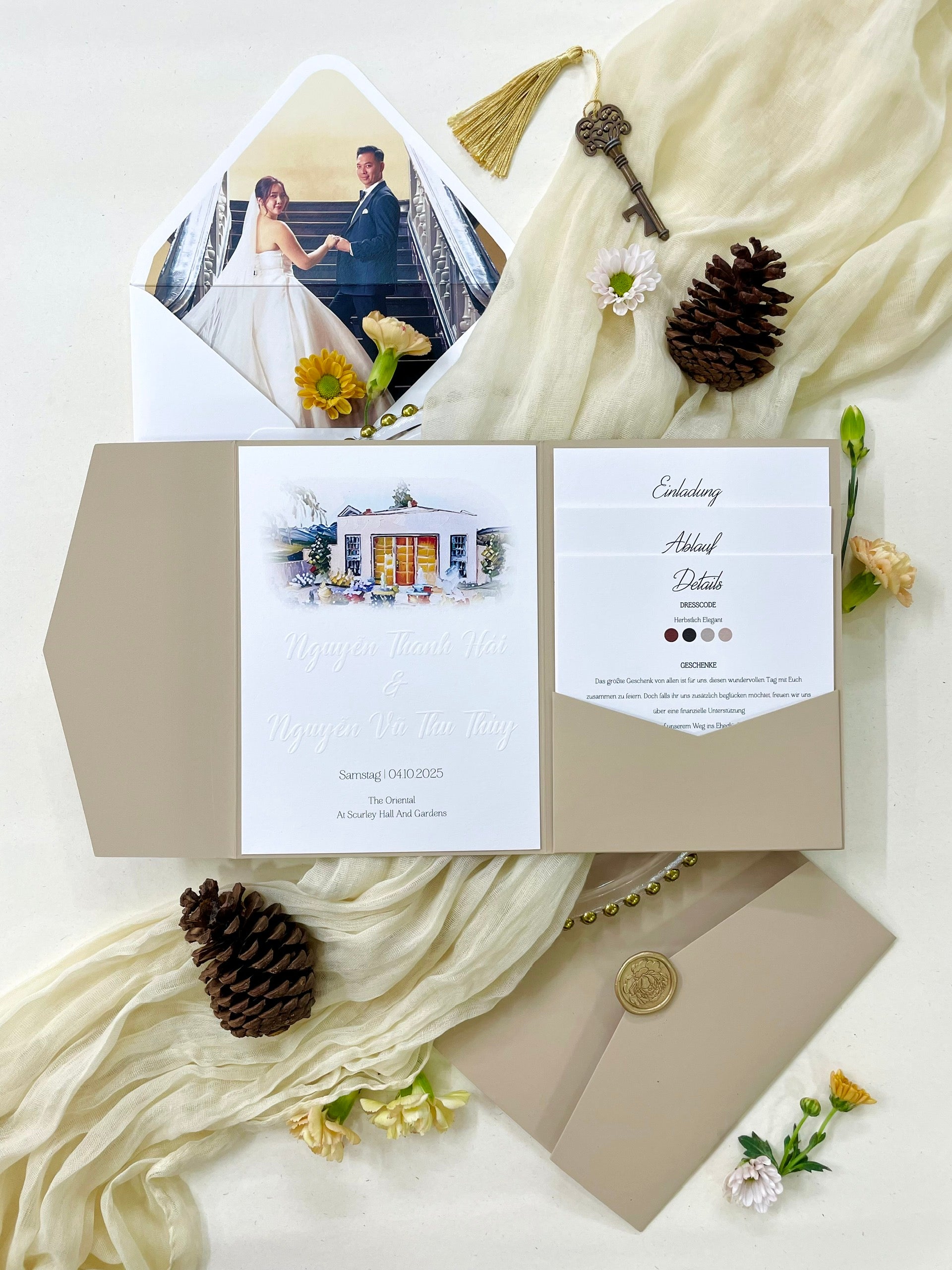 Elega
nt Beige Trifold Venue Illustration Embossed Wedding Invitation P Elegant Beige Trifold Venue Illustration Embossed Wedding Invitation P