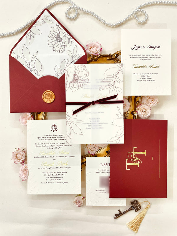Luxury Deboss Floral Border Red Letterpress Wedding Invitation