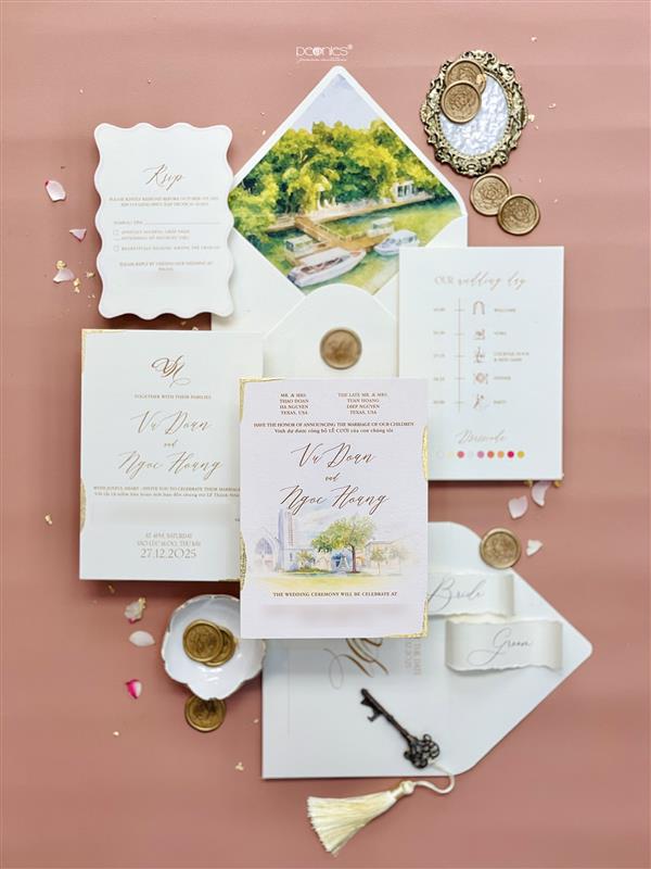 Elegant Gold Leaf Edge Venue Illustration Wedding Invitation