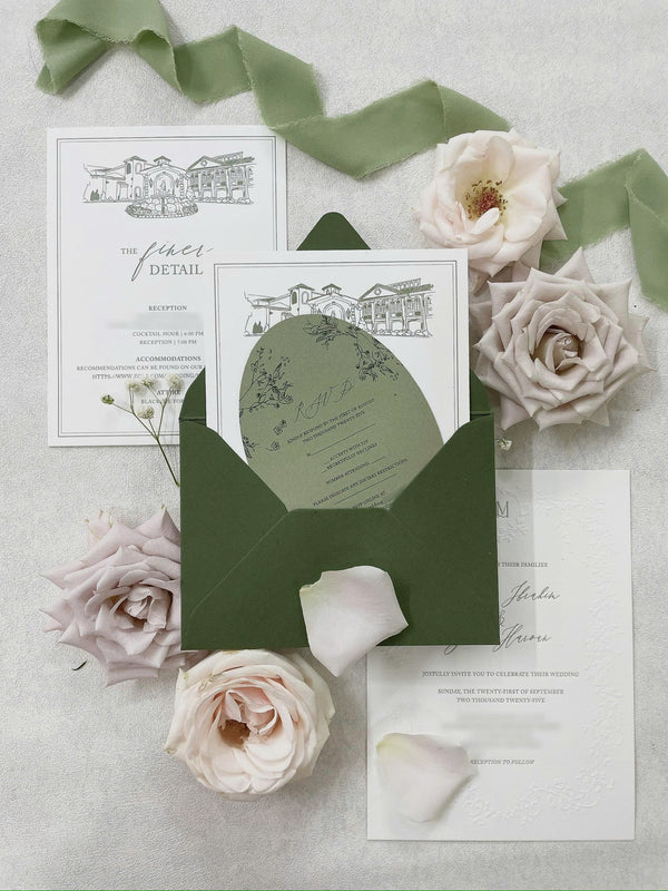 Elegant Green Letterpress Embossed Floral Frame Wedding Invitation P251003