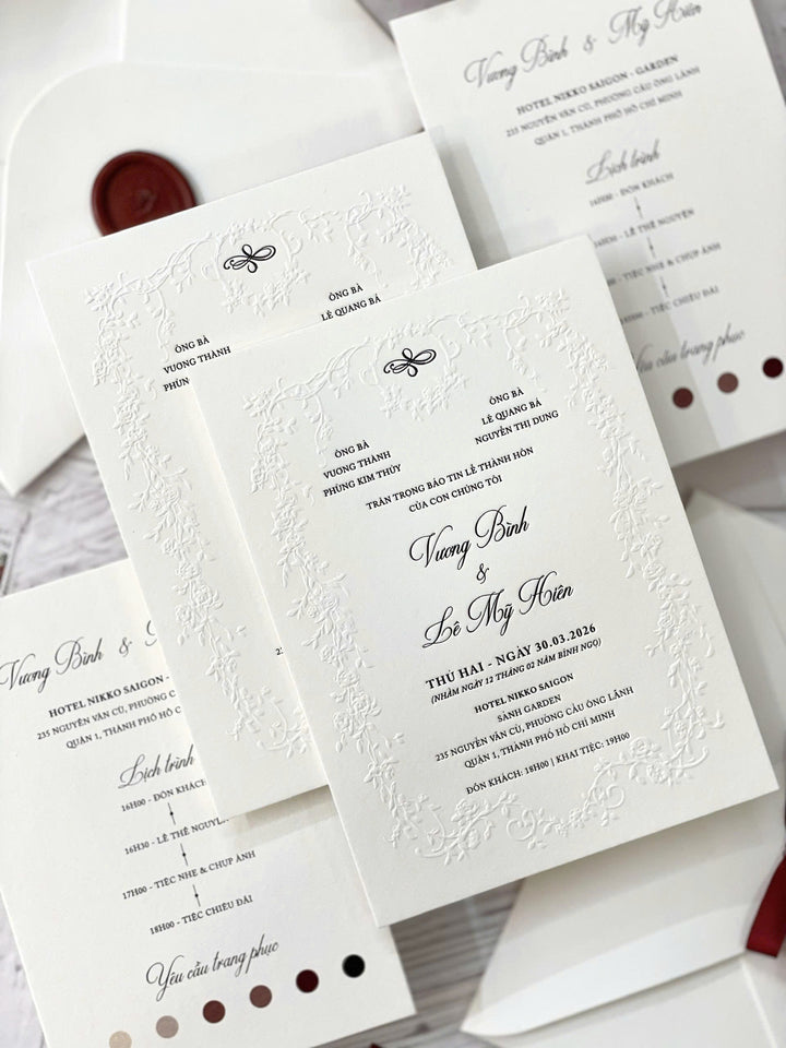 Romantic Embossed Floral Frame Letterpressed Wedding Invitation with R ...