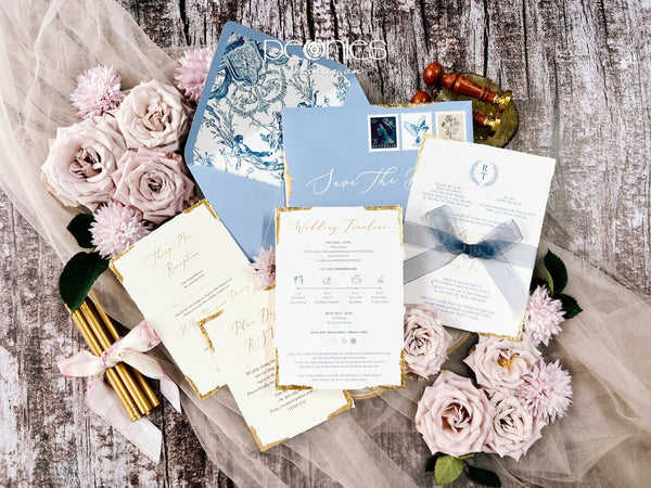 P0022229 Gold Deckled edge Blue Wedding Invitation