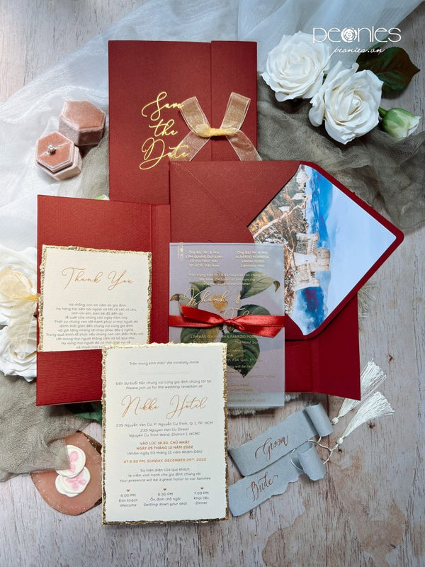 P0022200 Red Pocket Gold Deckled Edge Foil Invitation